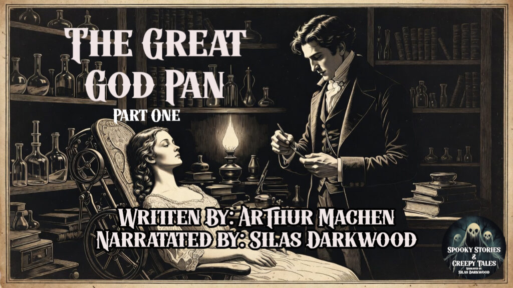 Victorian era engraving style illustration of a young woman reclined in a mechanical chair beneath an oil lamp in a shadowy laboratory, a dark coated figure stands over her holding a surgical instrument, shelves of glass phials line the walls, sepia toned atmospheric horror illustration for The Great God Pan by Arthur Machen narrated by Silas Darkwood.