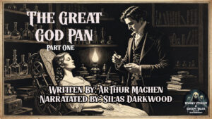 Victorian era engraving style illustration of a young woman reclined in a mechanical chair beneath an oil lamp in a shadowy laboratory, a dark coated figure stands over her holding a surgical instrument, shelves of glass phials line the walls, sepia toned atmospheric horror illustration for The Great God Pan by Arthur Machen narrated by Silas Darkwood.