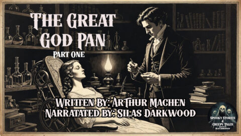 Victorian era engraving style illustration of a young woman reclined in a mechanical chair beneath an oil lamp in a shadowy laboratory, a dark coated figure stands over her holding a surgical instrument, shelves of glass phials line the walls, sepia toned atmospheric horror illustration for The Great God Pan by Arthur Machen narrated by Silas Darkwood.